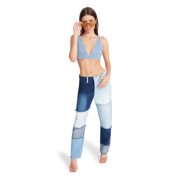 Kendra Bra Top Denim Fabric Faded Denim Top de Tirantes de Mezclilla Azul para Mujer