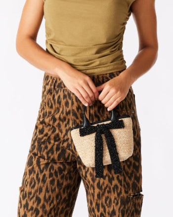 Bboww Black Multi Bolsa Beige con Moño Negro con Perlas Negras para Mujer