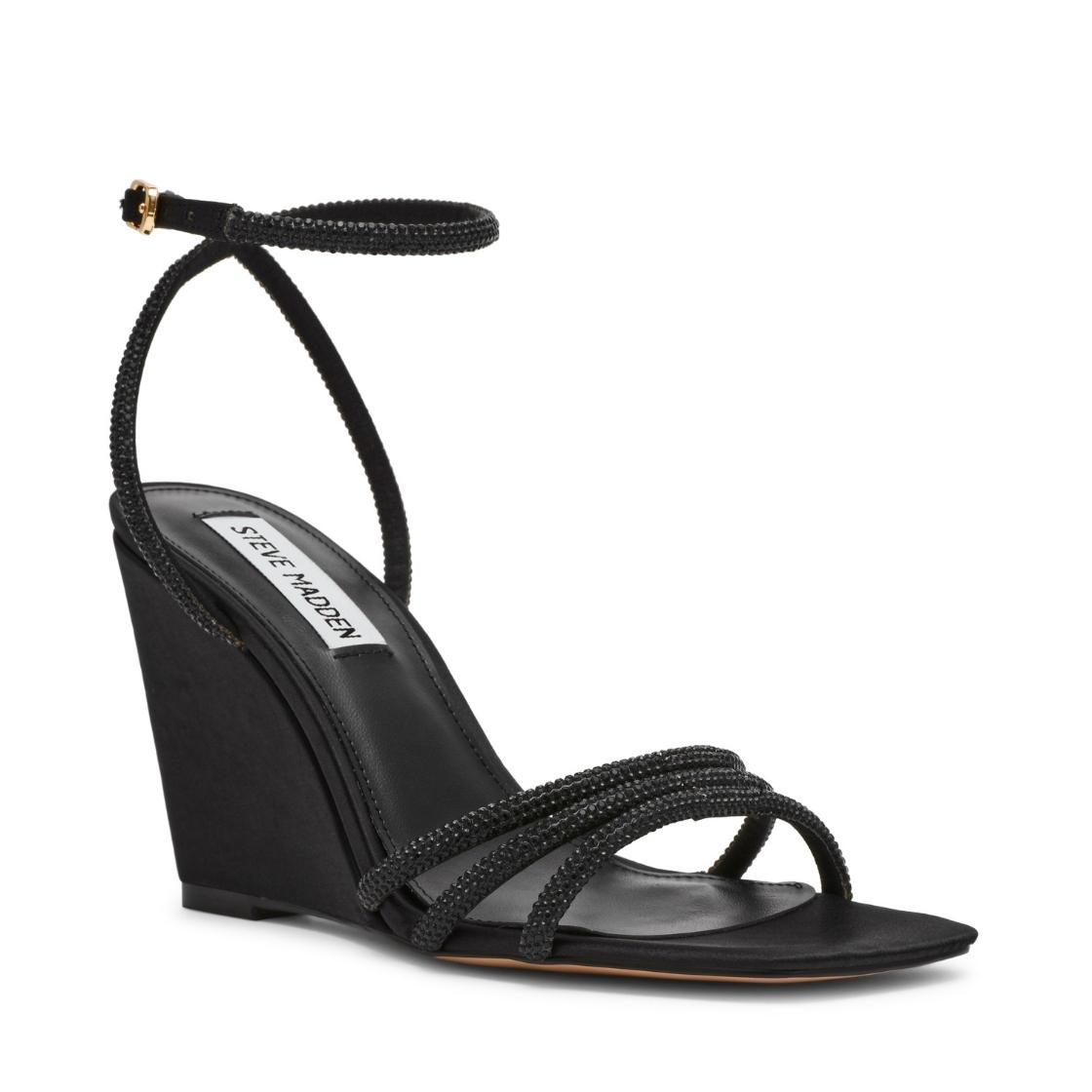 Aubri Black Satin Sandalias de Cuña Negras