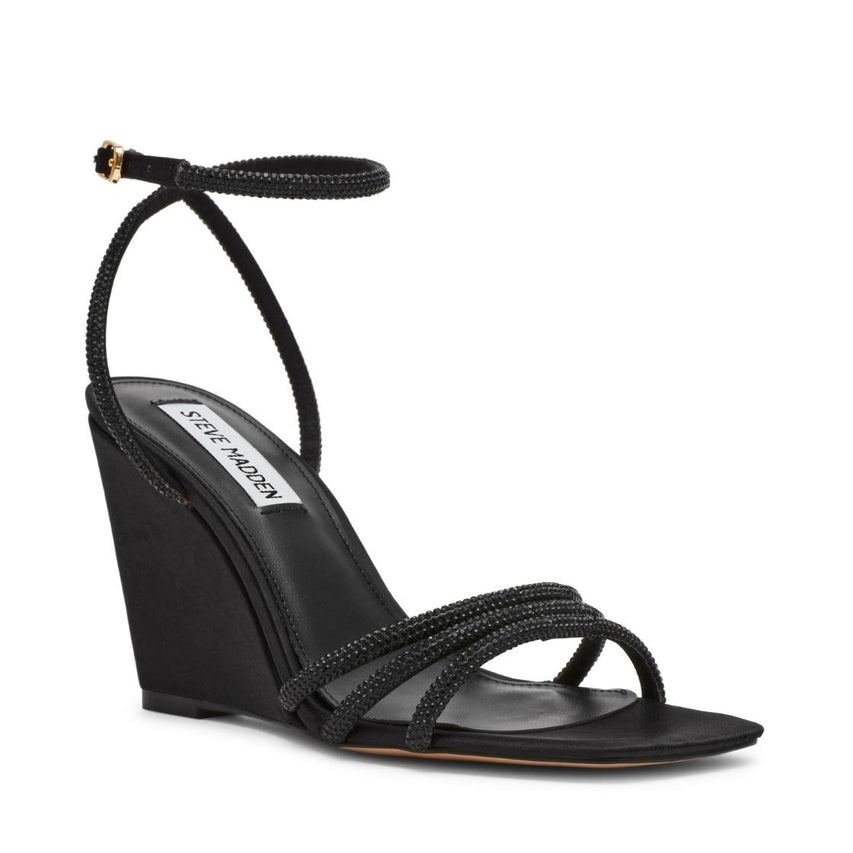 Aubri Black Satin Sandalias de Cuña Negras