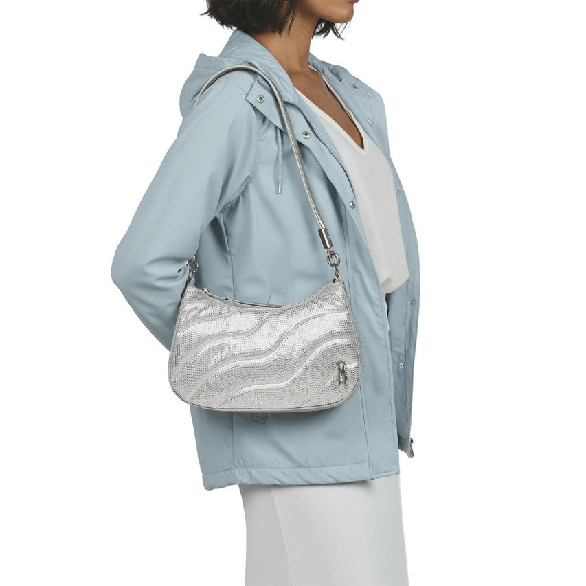 Bazura-S Silver Bolsa de Hombro Plateada Para Mujer con Cierre y Brillos