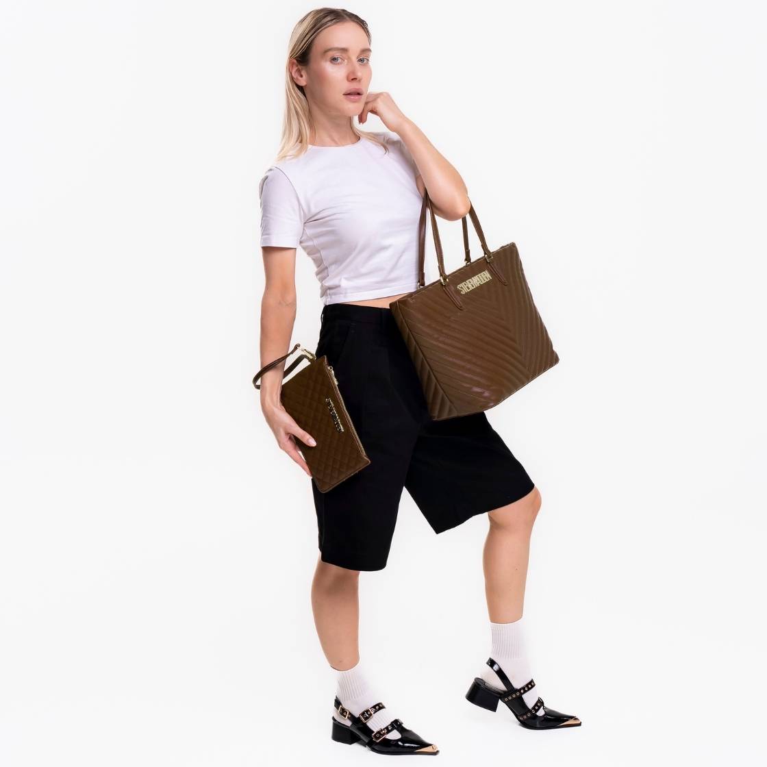 Bjude 2 Brown Gold Bolsa Café con Accesorio Desmontable para Mujer