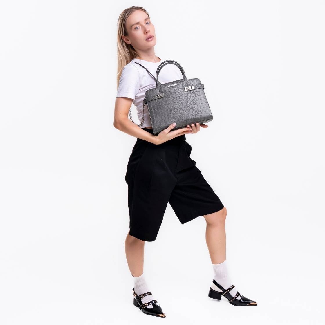 Bindon Black Silver Bolsa Negra con Plata Tipo Cocodrilo para Mujer