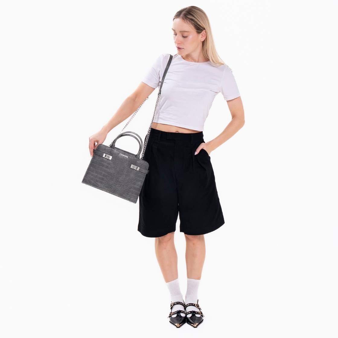 Bindon Black Silver Bolsa Negra con Plata Tipo Cocodrilo