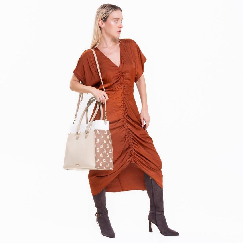 Bmario-E Camel Multi Bolso Tote Beige con Portalaptop Para Mujer