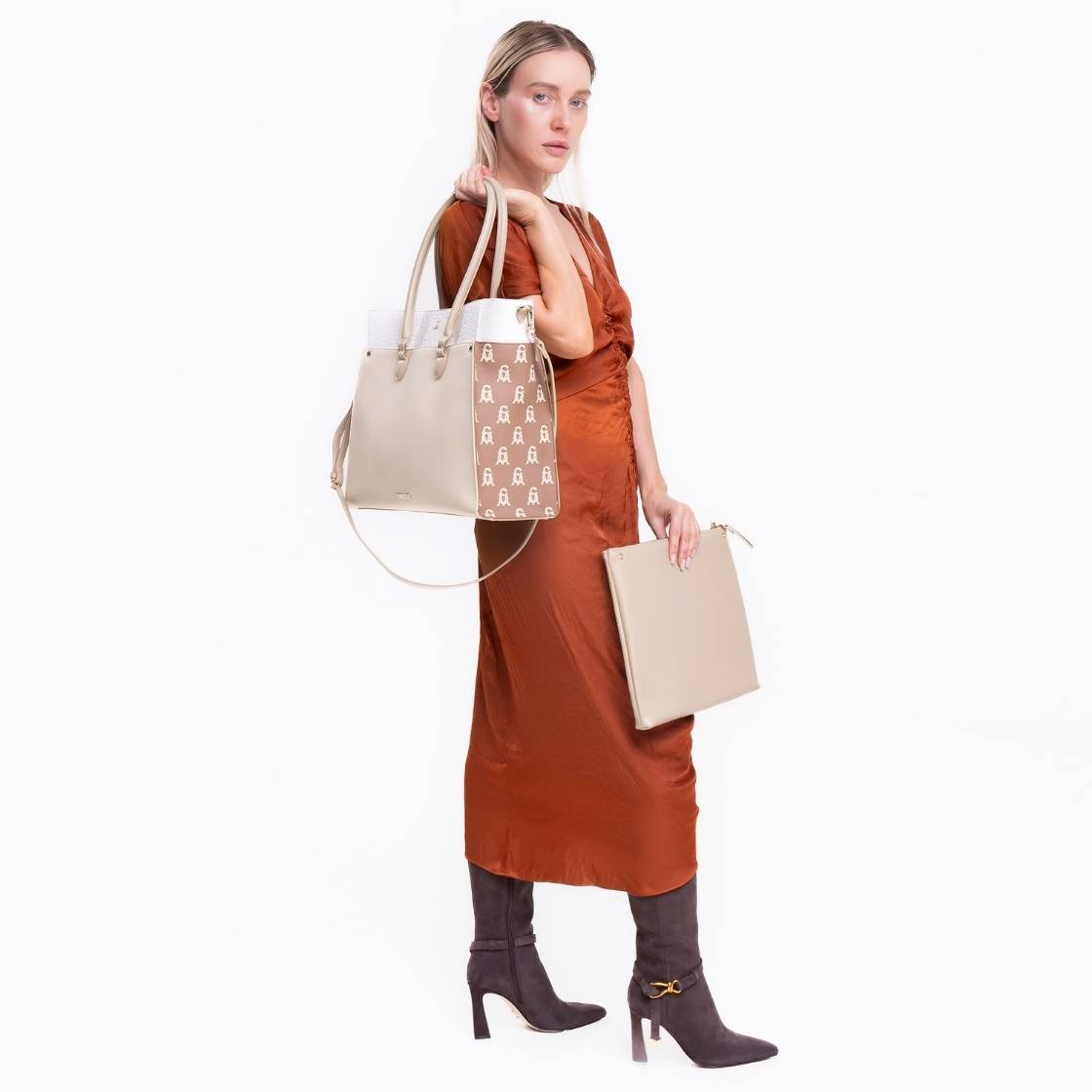 Bmario-E Camel Multi Bolso Tote Beige con Portalaptop Para Mujer