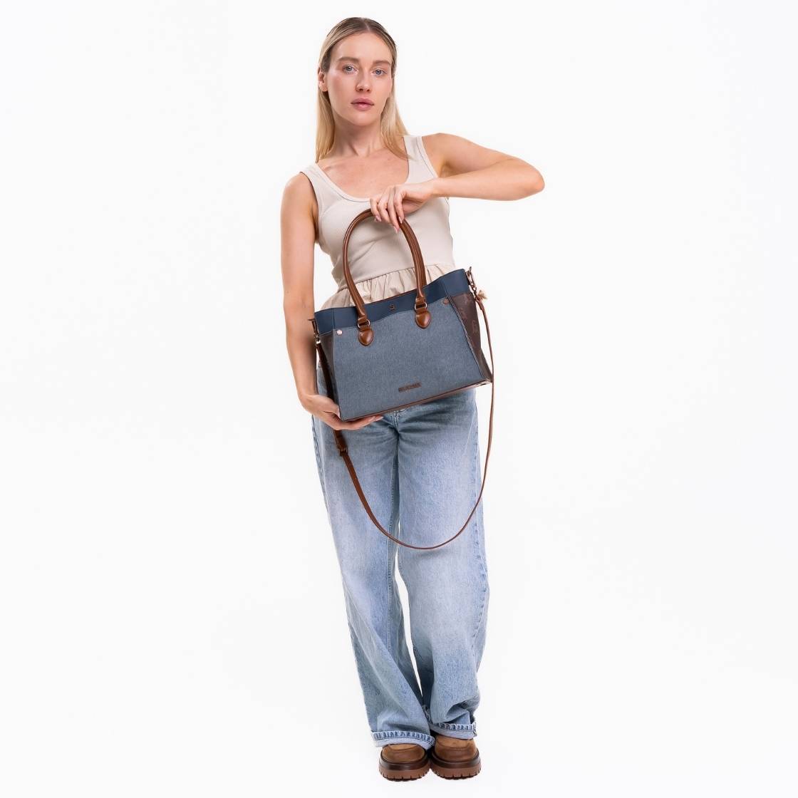 Bmariose Chocolate Multi Bolsa Tote de Mezclilla Azul con Cafe