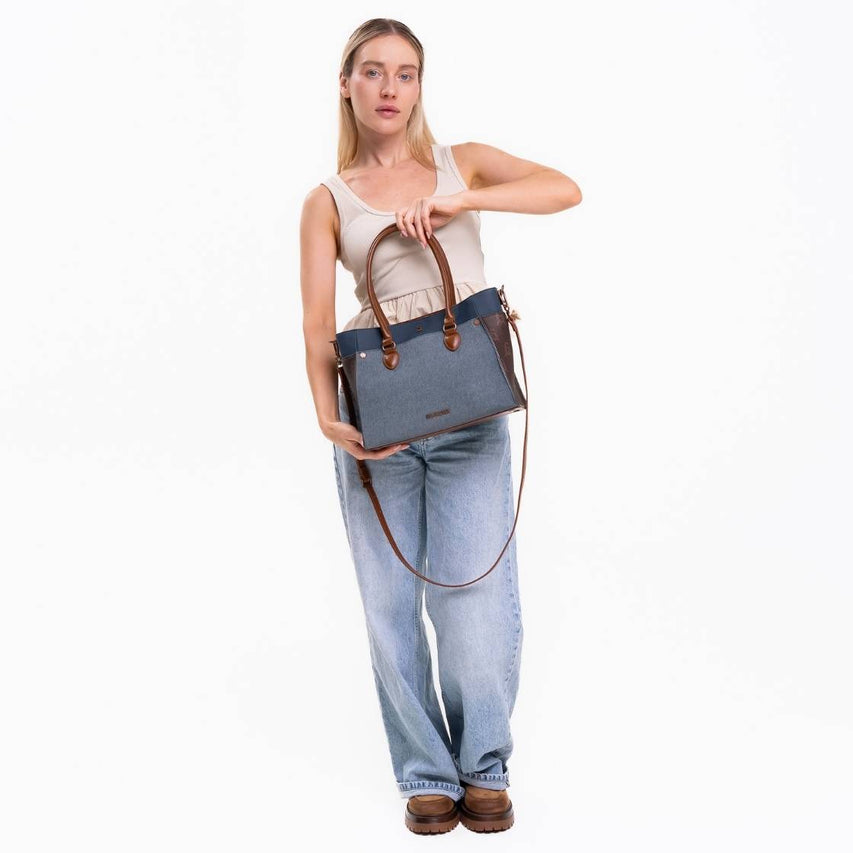 Bmariose Chocolate Multi Bolsa Tote de Mezclilla Azul con Cafe
