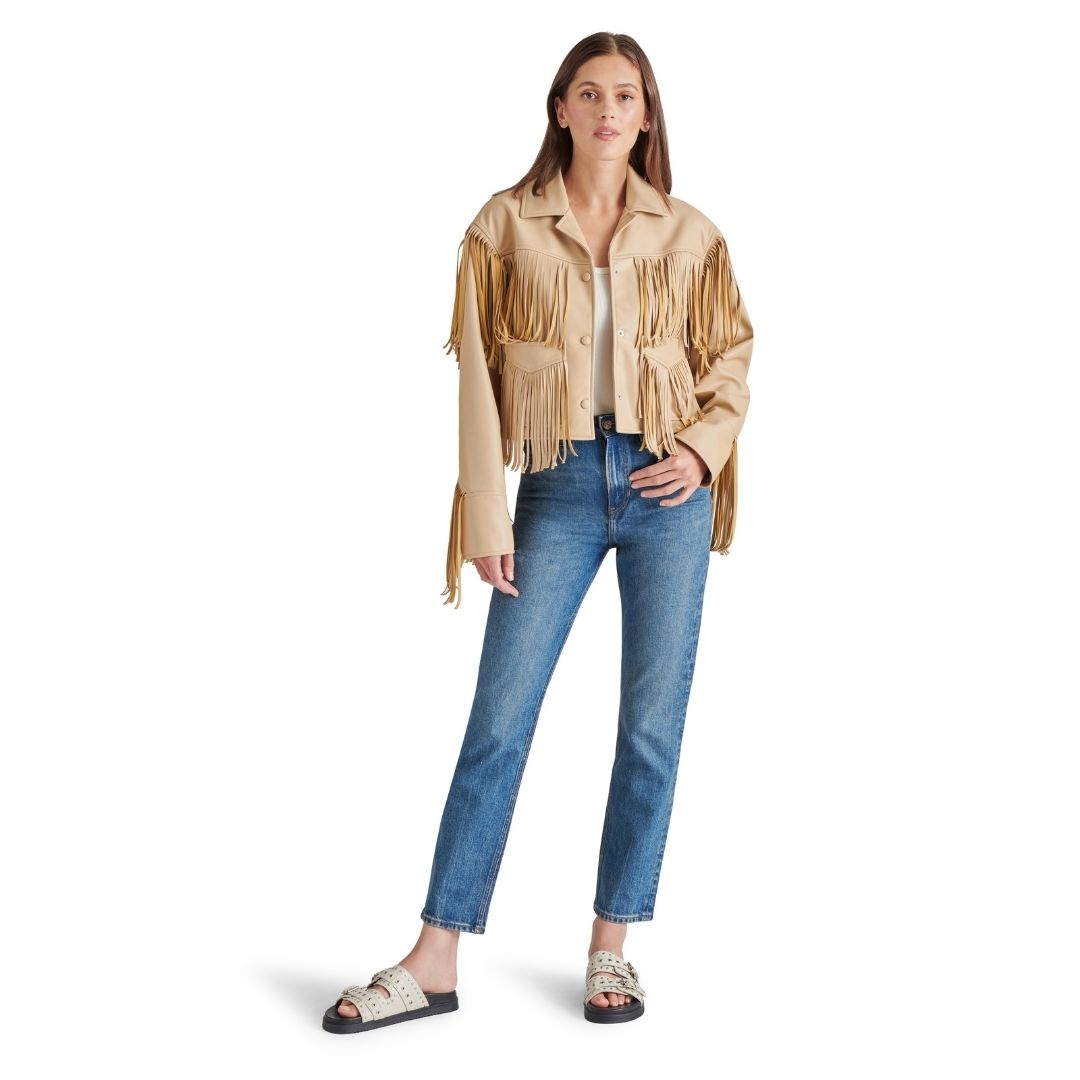 Halia Jacket Tan Chamarra con Flequillos Beige para Mujer