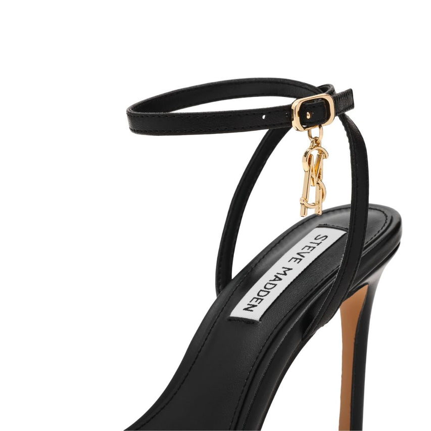 Jypsey Cnr Black Leather Sandalias de Tacon Negras con Charm para Mujer