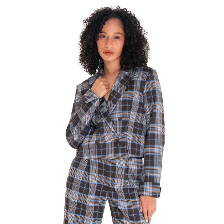 Rowane Blazer Brown Plaid Saco Cafe con Azul