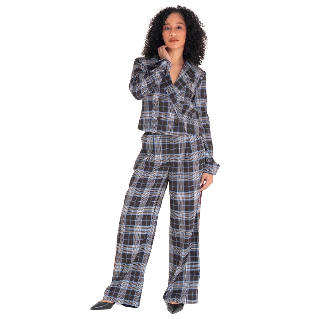 Rowane Blazer Brown Plaid Saco de Cuadros Cafe con Azul