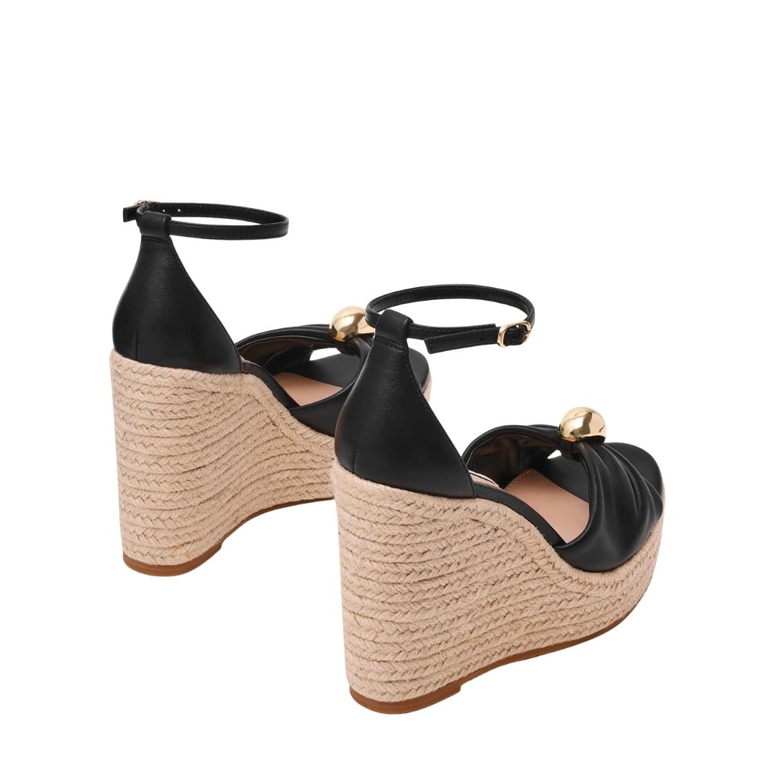 Taliya Black Leather Plataformas de Rafia Negras Para Mujer