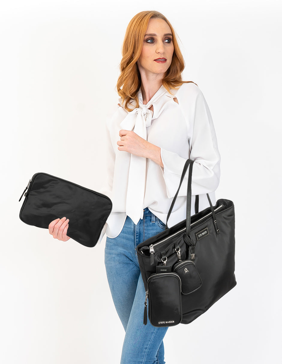 Bjude Black Bolso Tote Para Mujer con Cierres Grande y Portalaptop y Extras